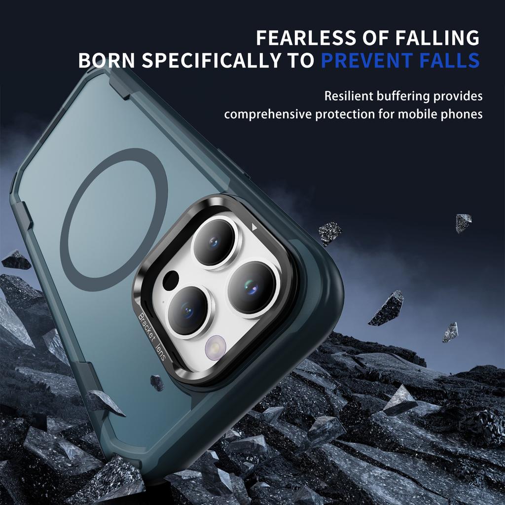 For iPhone 15 Pro Max Case Compatible with MagSafe Lens Frame Kickstand TPU+PC Shockproof Phone Cover