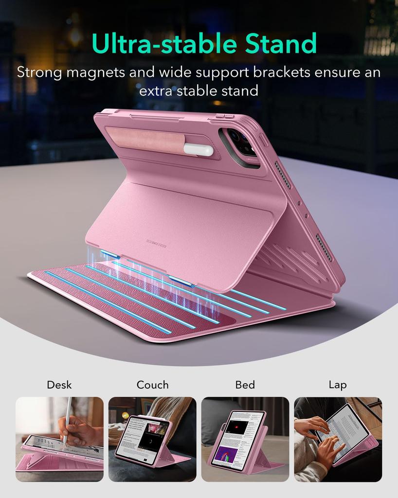 ESR Чехол для iPad Pro Эксклюзивный вращающийся чехол со съемной магнитной подставкой, 9 регулируемых углов, прочный, розовый, 12.9 (2022/2021, 6-е/5-е поколение) Крышка,