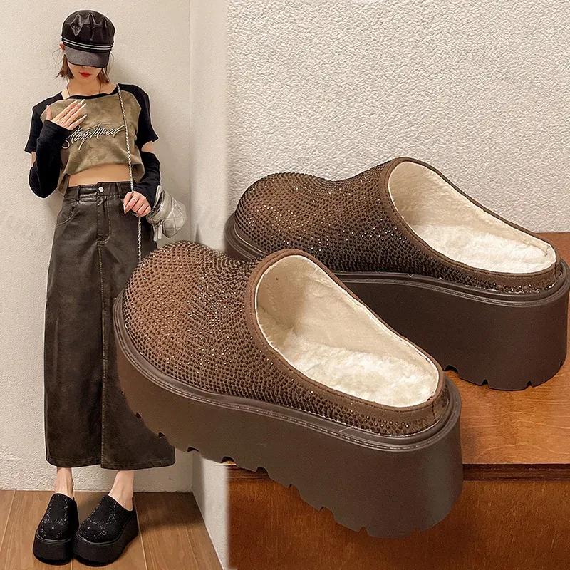 Модные дизайнерские блестящие женские теплые хлопковые мюли на толстом каблуке, новые модные туфли Baotou на платформе 2025 года, женские ленивые шлепанцы