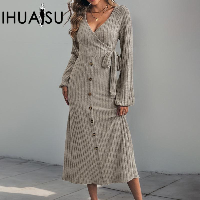 IHUASU Women's Autumn and Winter Mid-Length V-Neck Solid Color Button Tie A Hem Knit Dresses