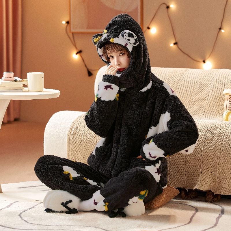 Пижама женская осень/зима фланелевая флисовая плотная ночная рубашка длинная милая коралловая флисовая домашняя одежда комплект можно носить на улице удобно