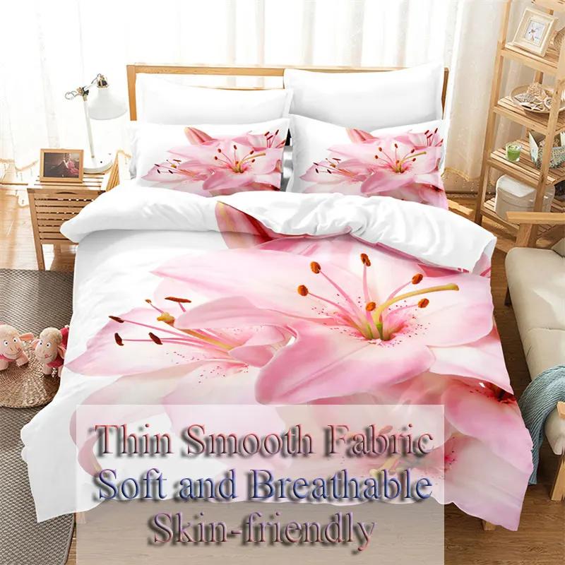 Lily Duvet Cover Set for Single Double Bed Pink Flower Quilt Cover King Size Bedding Set 2PCS 3PCS with Pillowcase Full Twin New