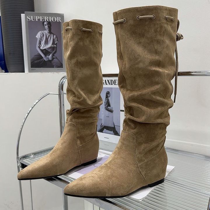 Европейские товары замшевые высокие сапоги-трубы до колена осень 2025 новые остроносые темпераментные модные сапоги сапоги-чулки женские сапоги