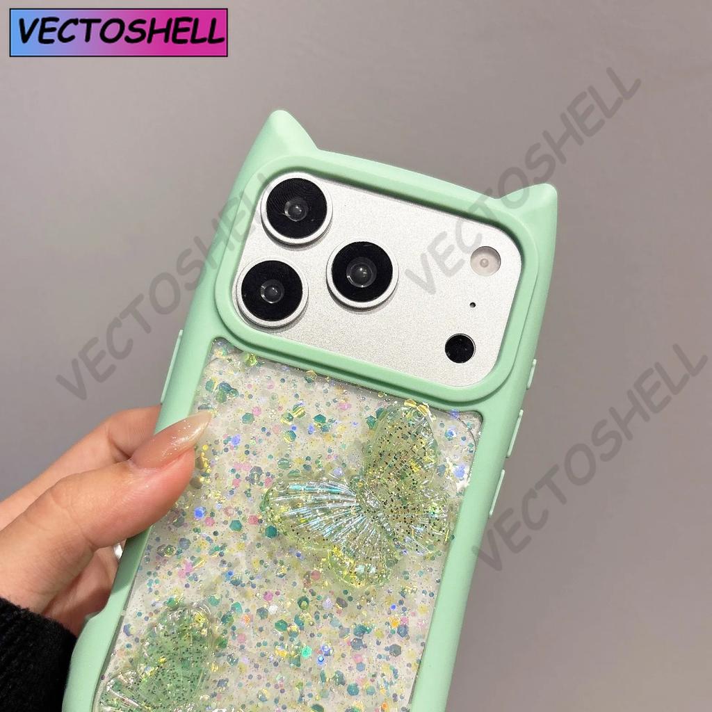 Милый Чехол-Подвеска с Ушками Кошки и Бабочкой Прозрачный для iPhone 17e 16 15 14 13 12 Pro Max 17 Air 11 Большое Окно Мягкие Края