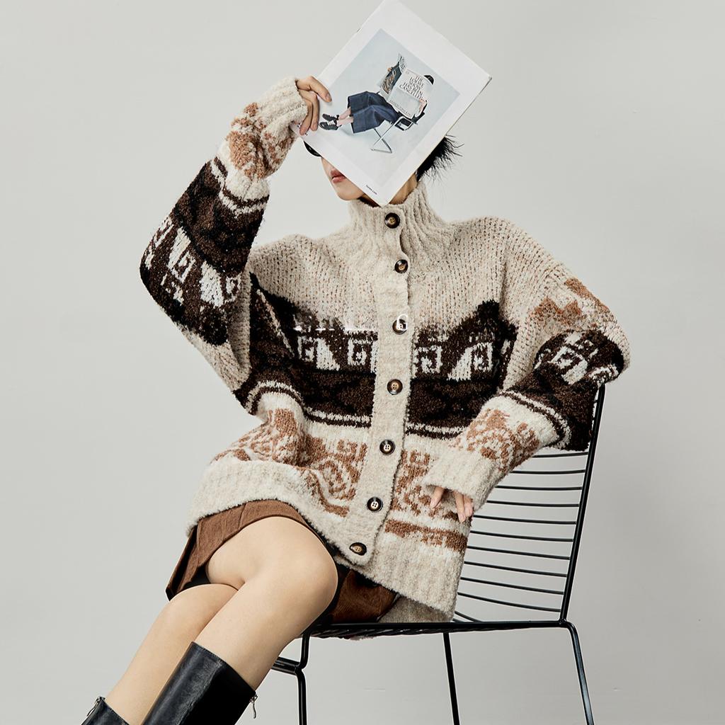 Dimanaf 2025 Plus Size Autumn Sweaters Cardigan Pockets Women Pattern Printing Buttons Sweaters Knitting Loose Sweater