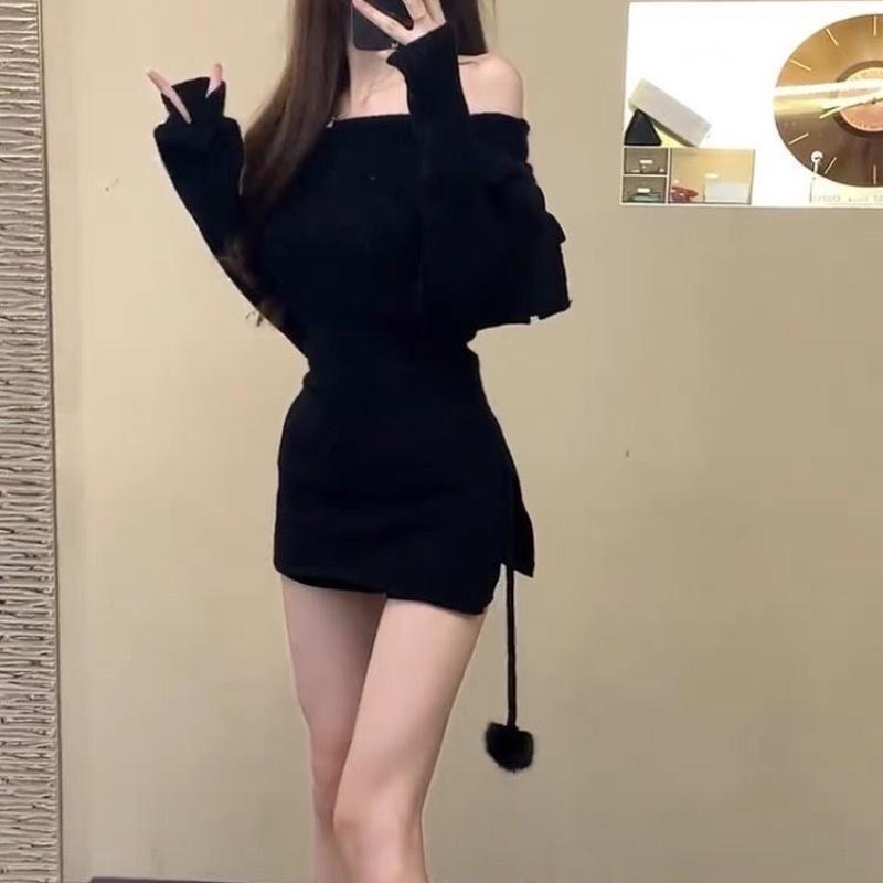 Сплошной свитер с открытыми плечами и милым бантом для женщин, трикотажные тонкие элегантные топы Y2k, женские корейские модные повседневные пуловеры 2024