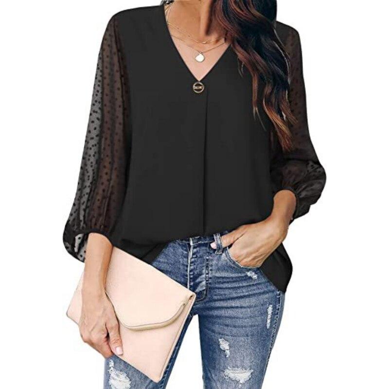 2023 Womens Clothing Spring Autumn Fashion Dot Puff Sleeve Women Tops V-neck Loose Long Sleeve Shirt Blouse Blusas 25792