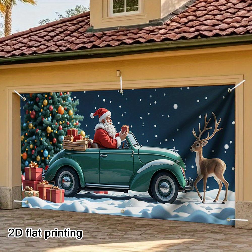 2D door curtain banner 1 piece garage banner - Santa Claus gives gifts in retro green car with deer background decoration