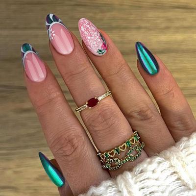 24 шт. рождественских снежинок конфет французский маникюр хамелеон перламутровый пудровый нейл-арт хит продаж накладные ногти в Европе и Америке