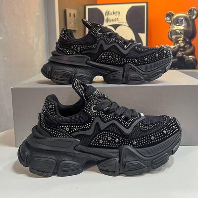 Кожаные черные кроссовки для папы женские весенне-осенние новые со стразами на платформе маффин повседневные кроссовки женские