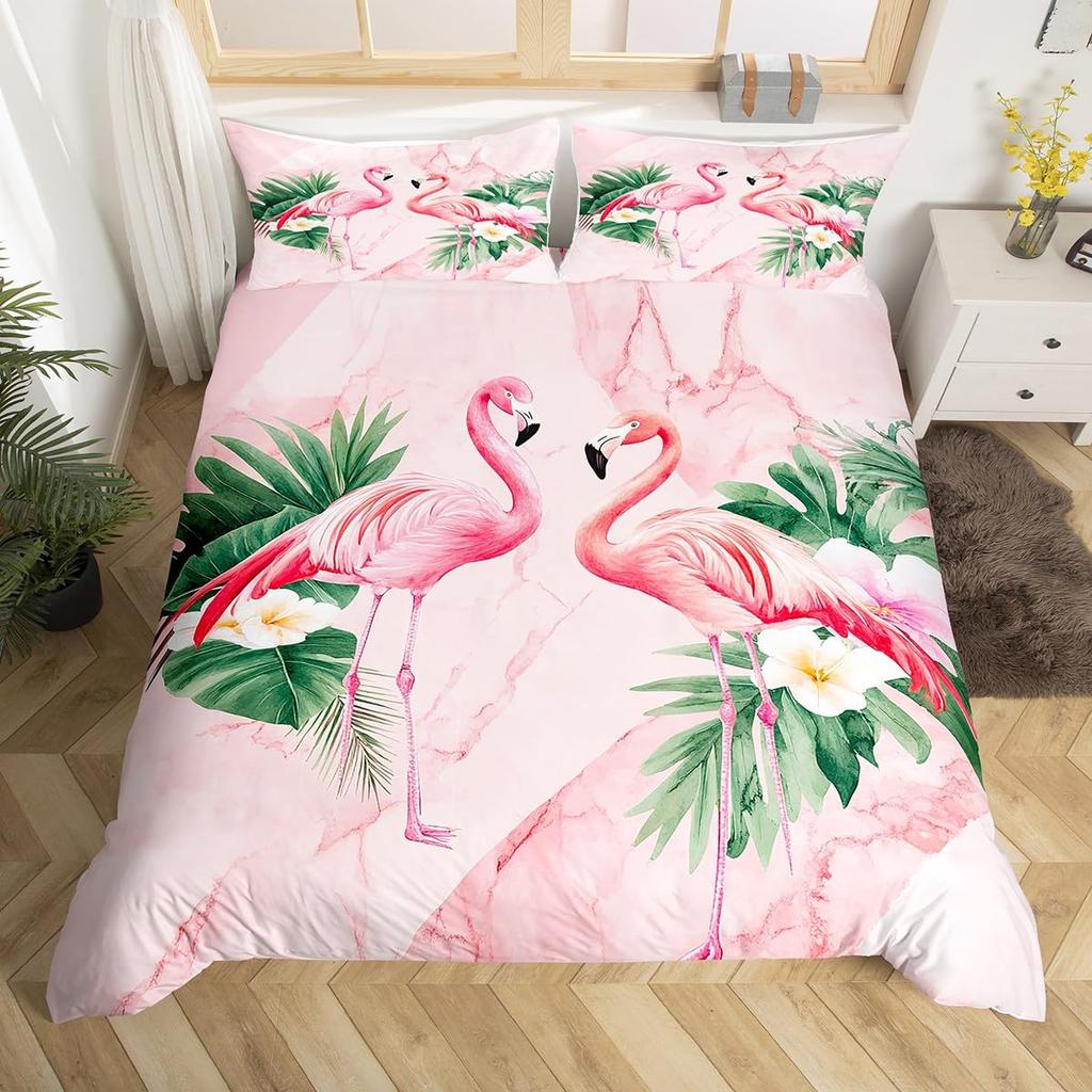 Flamingo Duvet Cover Set Tropical Animal Flamingo Pattern Bedding Set For Kids Boys Girls Soft Microfiber King Comforter Cover