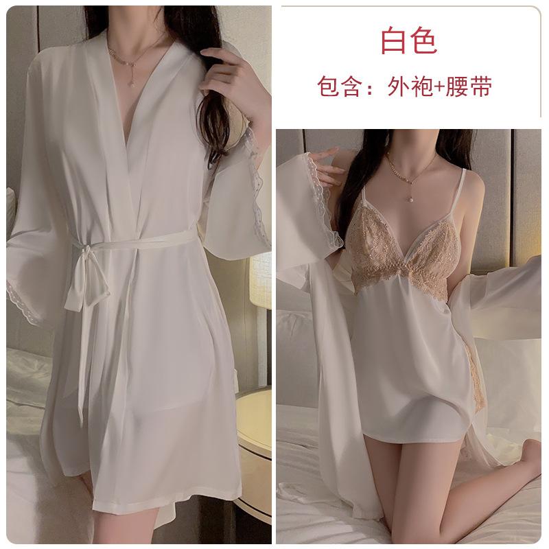 Women's Satin Lace Sheer Deep V Cami Sleep Dress with Robe Lounge Set