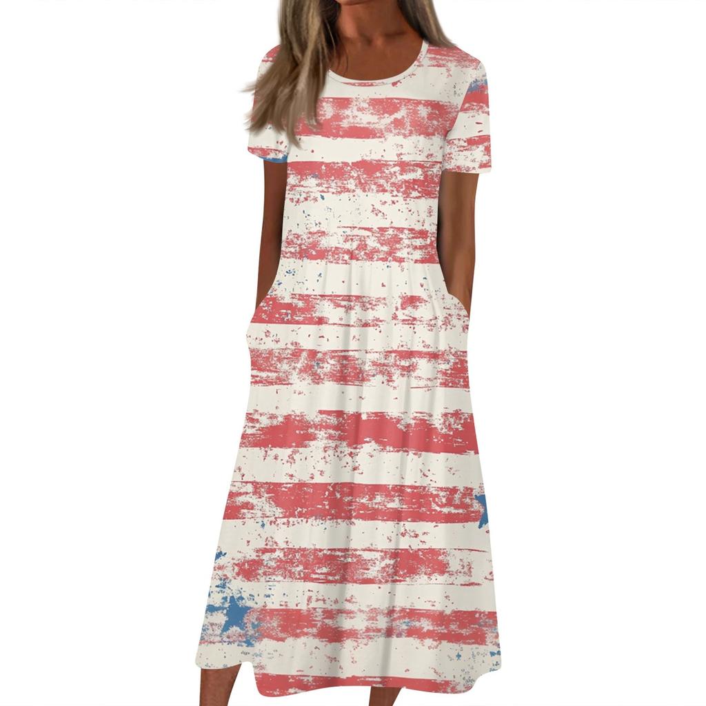 Женское летнее повседневное модное платье с коротким рукавом и карманом на День независимости с коротким рукавом