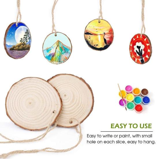 Natural Wood Tree Discs 9-10cm Pre-Drilled Wooden Discs 1cm Thick Smooth Wood Slices for DIY Crafts Wedding Wall Decorations