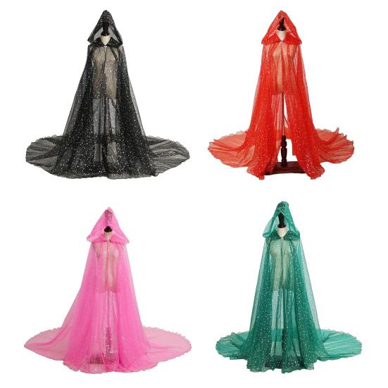 Women Tulle Hooded Cape with Long Train Sparkling Long Sheer Elf Cloak Gothic Witch Robe Costume for Wedding Bride Halloween Cosplay