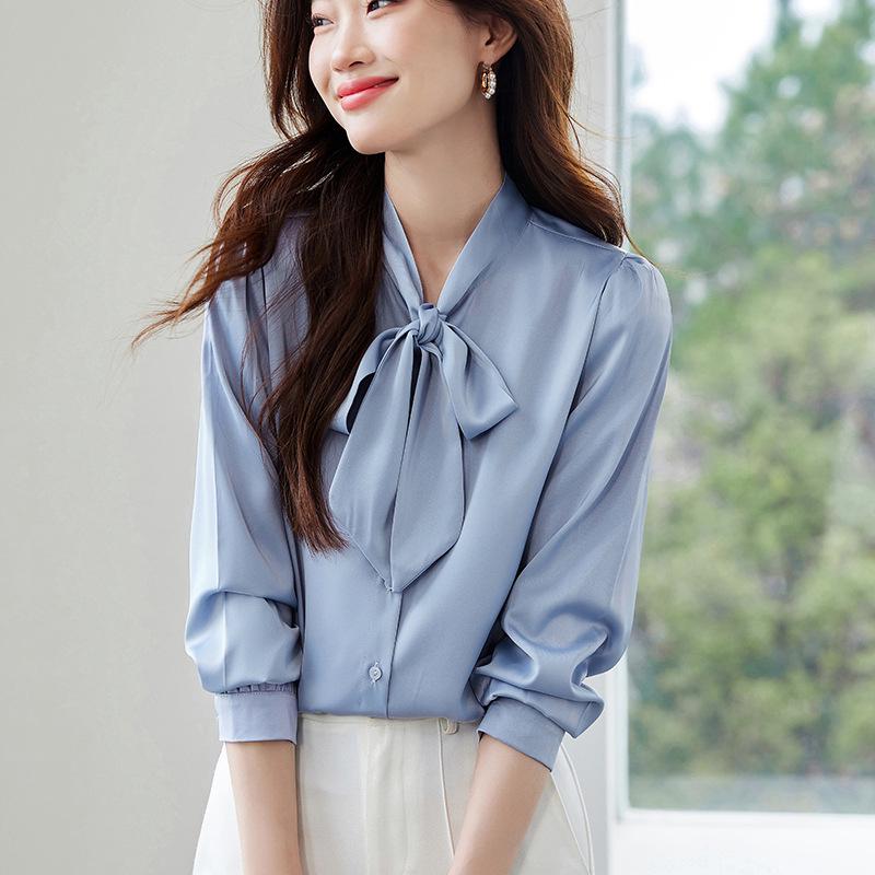Women's Ash Blue Satin Long Sleeve Shirt - Retro Hong Kong Style, Spring Commute, Concealed Placket, Versatile Drapey Blouse