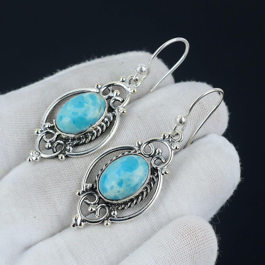 Серьги из натурального ларимара, серебряные серьги ларимар, серьги с овальным камнем ларимар, серьги из стерлингового серебра 925 пробы, серьги с драгоценными камнями, серьги с подвесками