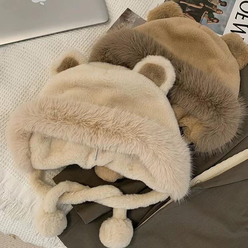Зимняя пушистая меховая панама с медвежьими ушками для женщин, плюшевая защита ушей, рыболовная шапка, панама