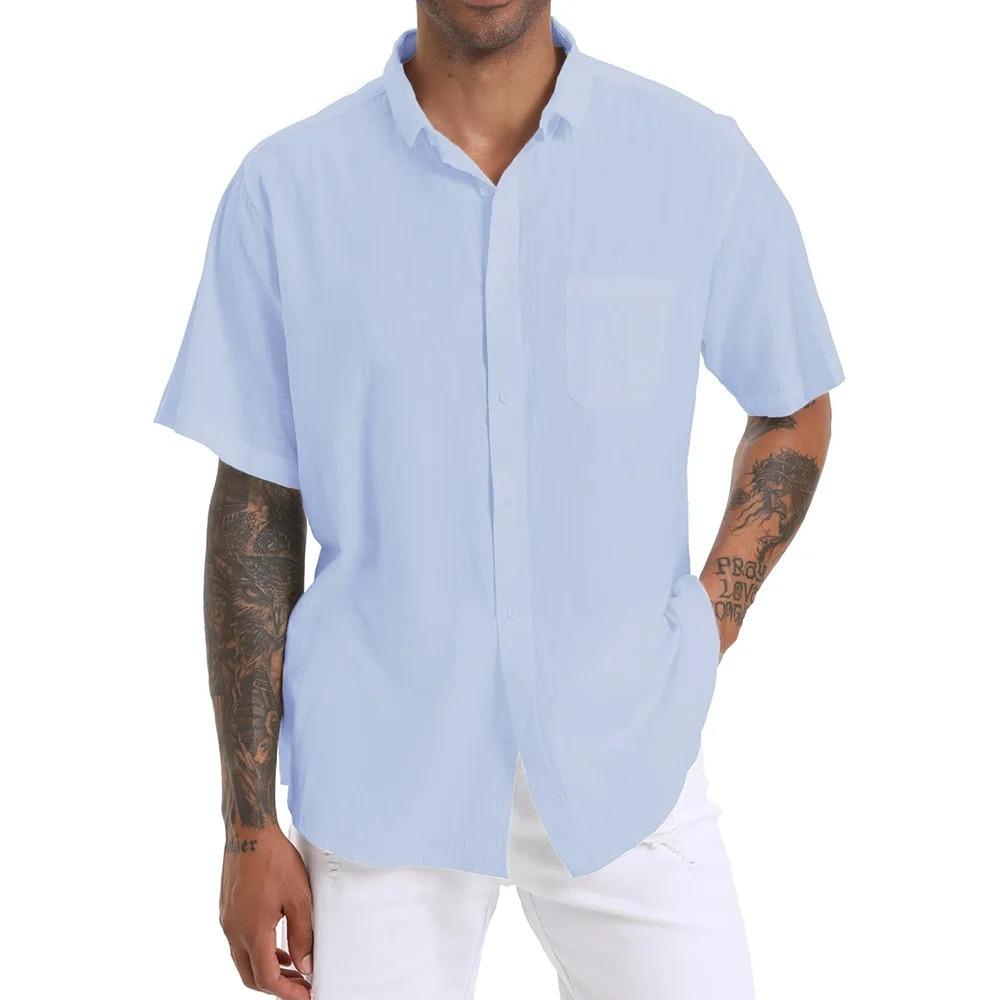 Повседневная рубашка с коротким рукавом для мужчин, однотонная, с лацканами, легкая, дышащая, стильная, мужские топы на пуговицах для повседневной носки
