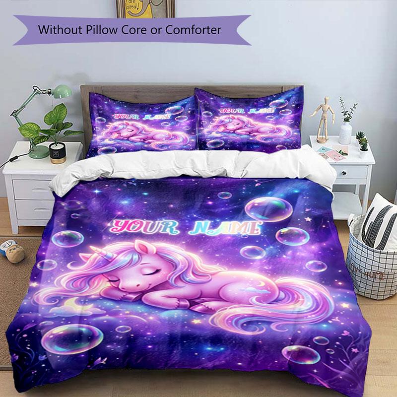 3PC Custom Name Unicorn Dreams Space Bedding Set Duvet Cover Closure Includes 1 Duvet Cover & 2 Pillowcases for Bedroom