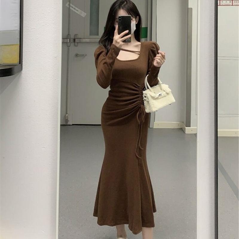 Модное сексуальное платье с длинным рукавом и квадратным воротником, женское летнее повседневное платье с завязками на талии, элегантное приталенное длинное платье 25994