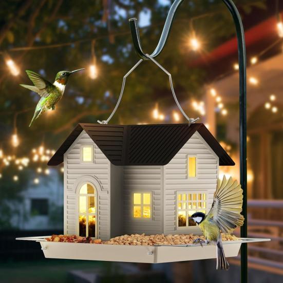 Bird Feeder Hanging Metal Bird House Feeder with Solar Lights Outdoor Lantern