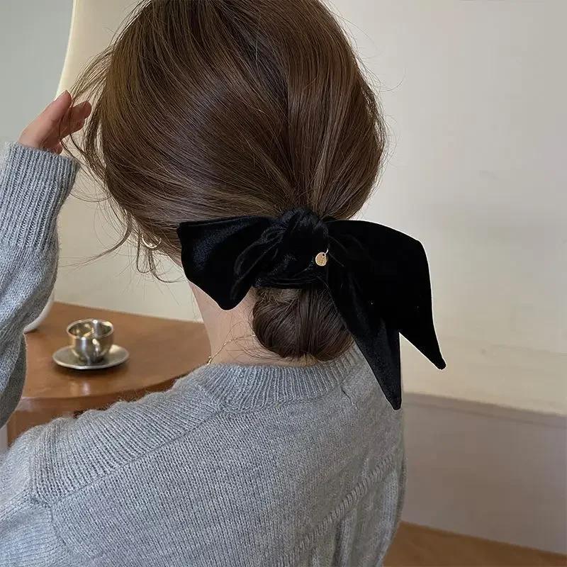 Vintage Velvet Bow Scrunchie Rabbit Knot Hair Rope Ribbon Elastic Ponytail Holder Hair Tie Solid Hair Accessories Winter