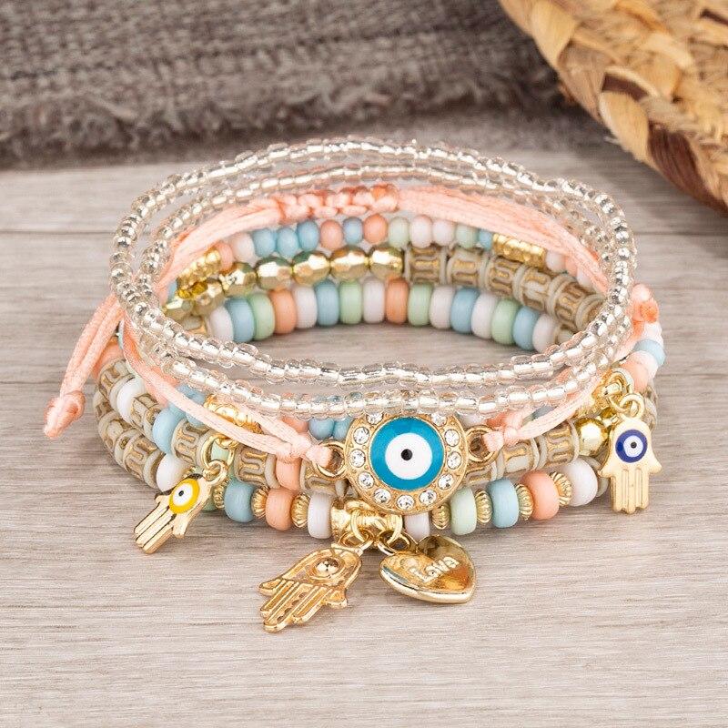 Богемия, бисер, глаз, сердце, кисточка, браслеты, корейские хрустальные бусины, эластичные веревочные браслеты, браслеты для женщин, очаровательные ювелирные изделия, подарки