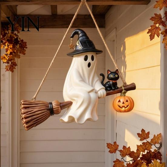 Seasonal Outdoor Atmosphere Decor Solar Ghost Hanging Light, Halloween Resin Flying on Broom Ornament, Waterproof Light Powered Lights Up Lamp,