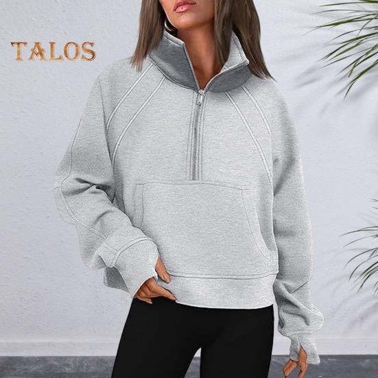 Зимняя осенняя женская толстовка с застежкой-молнией на половину длины, воротник-стойка, плюш, длинные рукава, накладные карманы, эластичные манжеты, однотонный пуловер для тренировок, повседневный топ