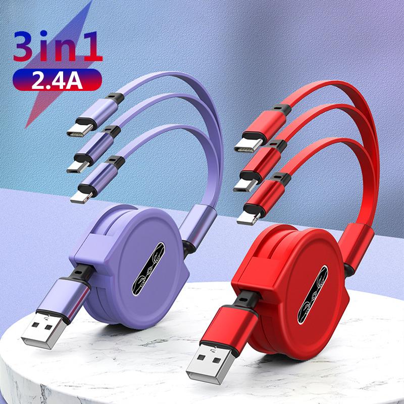 Зарядный кабель 3 в 1, выдвижной USB-кабель для зарядки 2,4 А, быстрая зарядка для XiaoMi HuaWei Samsung, портативный зарядный кабель Micro Type-C