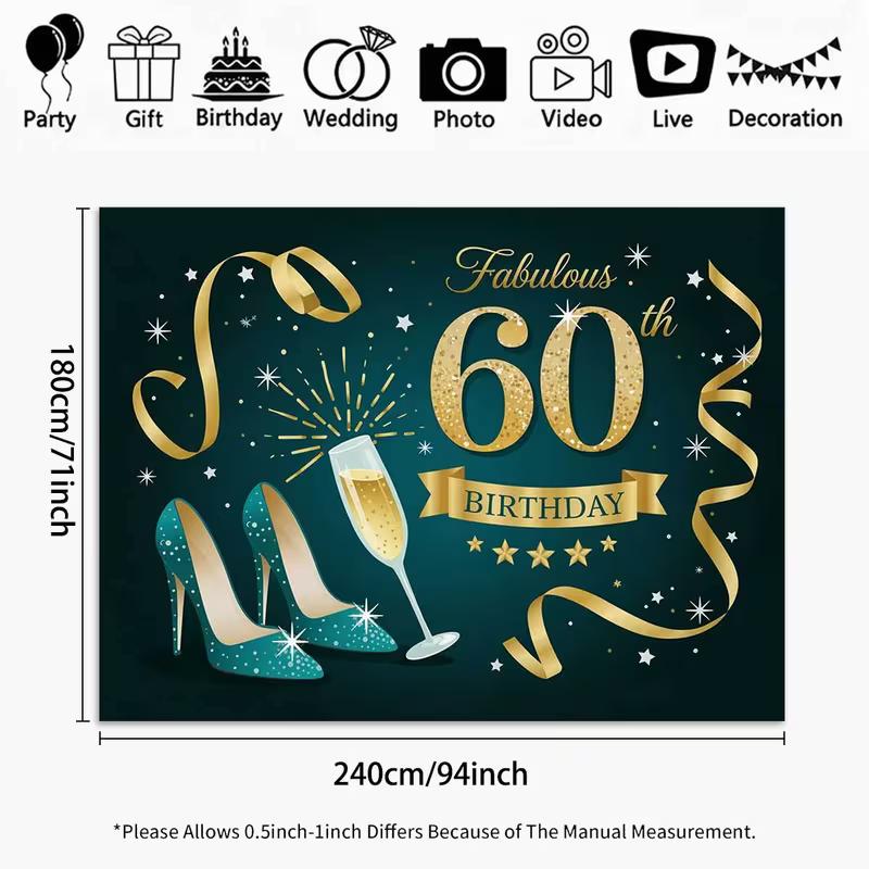 2D "Fabulous 60th Birthday" Backdrop Teal Gold High Heels & Champagne Photography Background Cloth