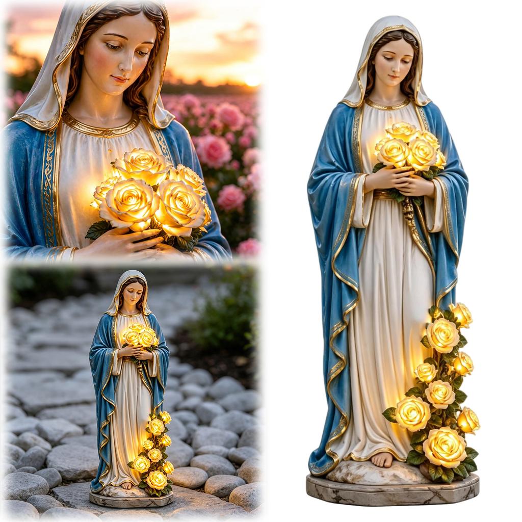 Resin Figurine Lamp with Glowing Roses Decorative Yard Lamp Garden Decor Figurine Lights for Outdoor Patio Porch Yard
