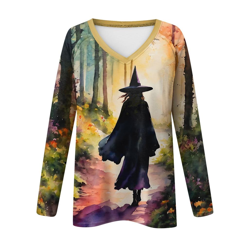 Women's Long Sleeve T-Shirt V-Neck Halloween Printed Casual Basic Tops