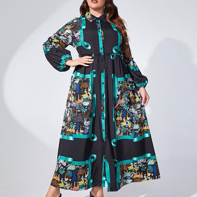 Женское легкое роскошное платье-фонарик с длинным рукавом и круглым вырезом, приталенное, однобортное, с принтом, элегантное платье больших размеров