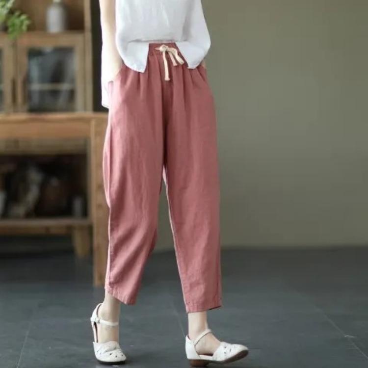 Women's Retro Cotton and Linen Casual Pants Summer Haren Pants Loose Solid Color Casual Cropped Pants