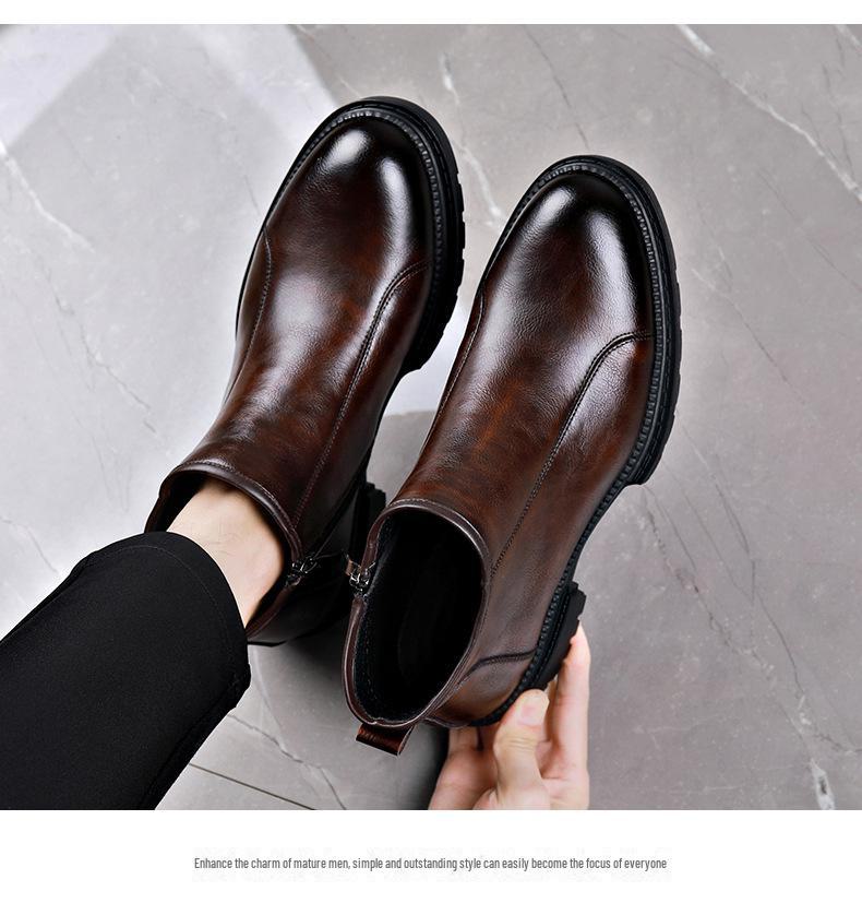 Мужские кожаные ботинки челси в римском стиле в стиле ретро с боковой молнией - зимняя теплая бархатная модель в деловом стиле.