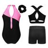 Girls Rhinestone Gymnastics Costume Set with Sleeveless Leotard Vest Shorts Waistband and Hair Band