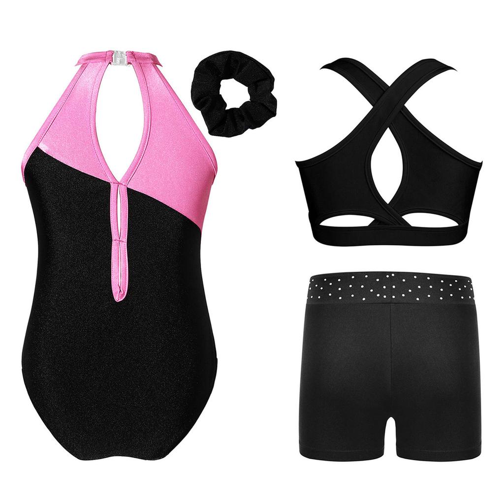 Girls Rhinestone Gymnastics Costume Set with Sleeveless Leotard Vest Shorts Waistband and Hair Band