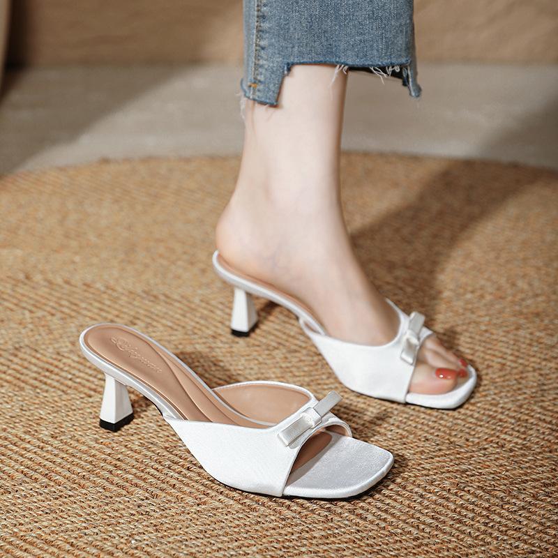 High-heeled Slippers Women's Fashion 2025 New Summer Bow, Thin Heel, One-word Drag Temperament, Square Head Cool Slippers