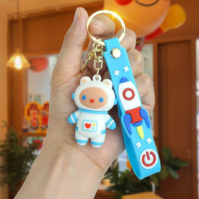 Stylish Cartoon Astronaut Bear Keychain Cute Rubber Key Accessory In Blue For Couples