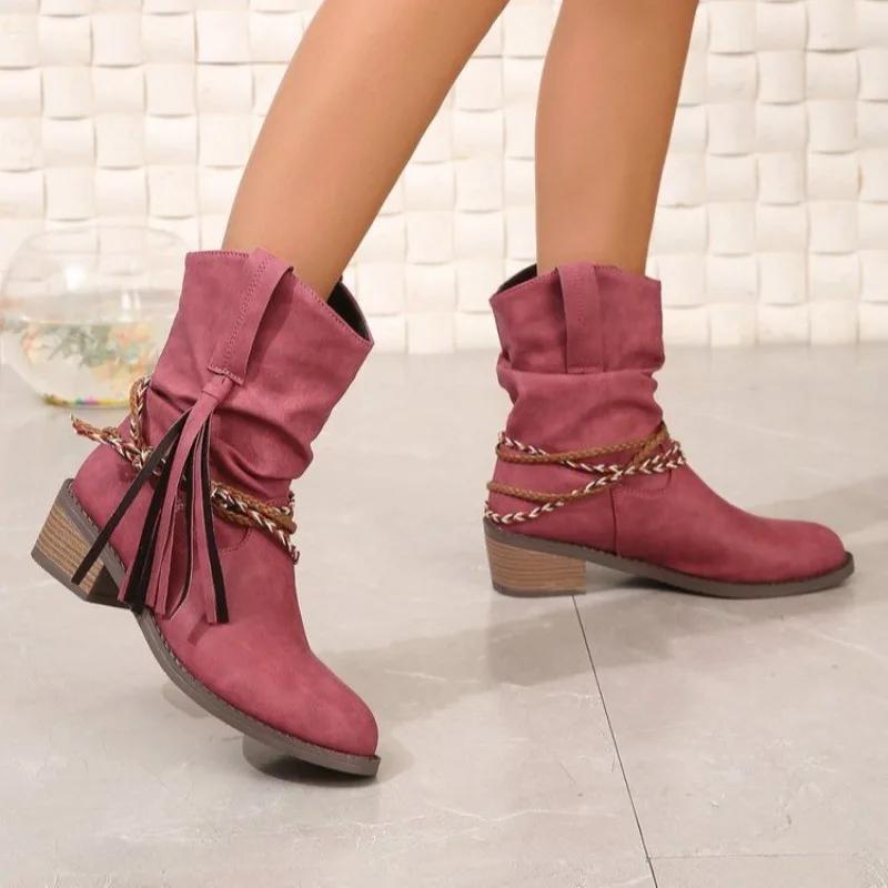 Women's Shoes 2024 New Women's Boots Winter Roman Round Toe Solid Color Medium Tube Thick Heel Large Size Western Boots