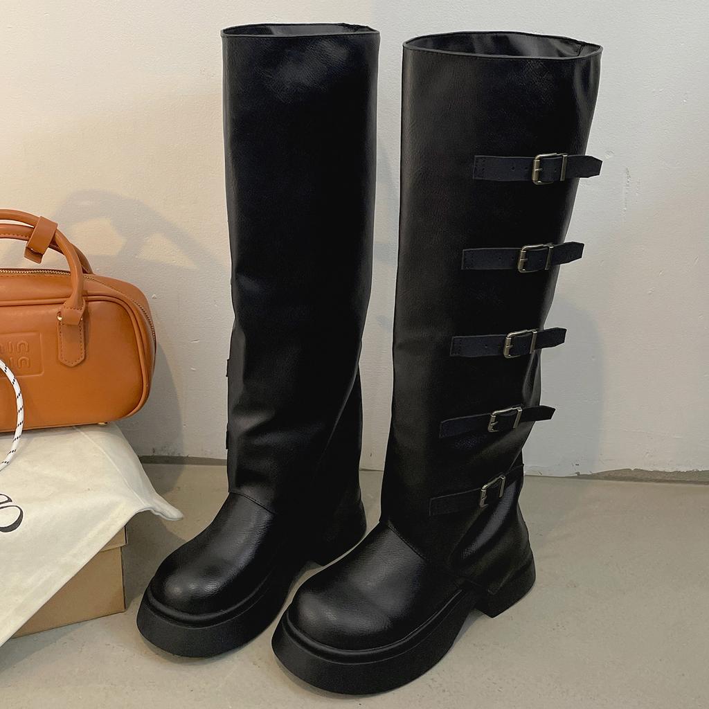 Черный британский стиль, но ботфорты на толстом каблуке и платформе до колена, женские 2025, новые осенние, увеличивающие рост и стройнящие ретро-ботинки