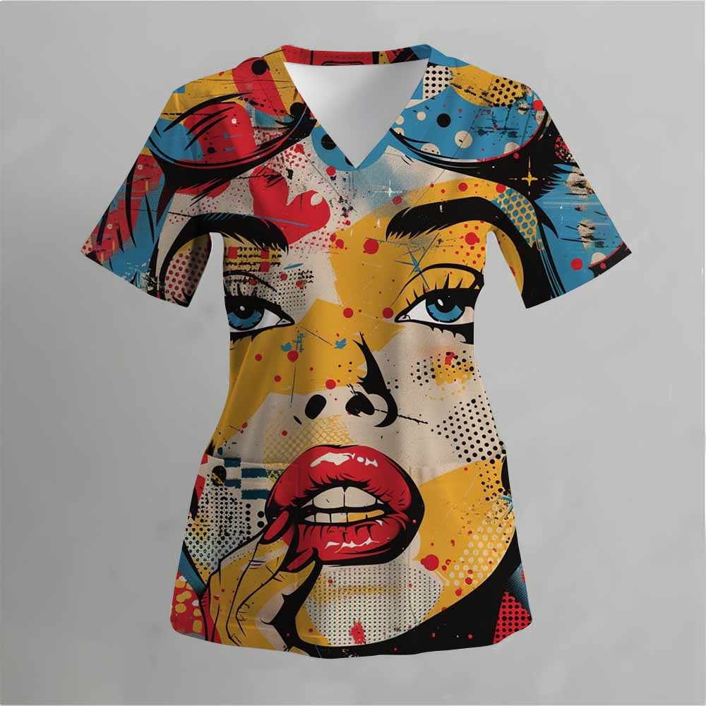 Матовая медицинская униформа с розовым рисунком в виде кошки, женская униформа с V-образным вырезом и коротким рукавом, с карманом, женская матовая