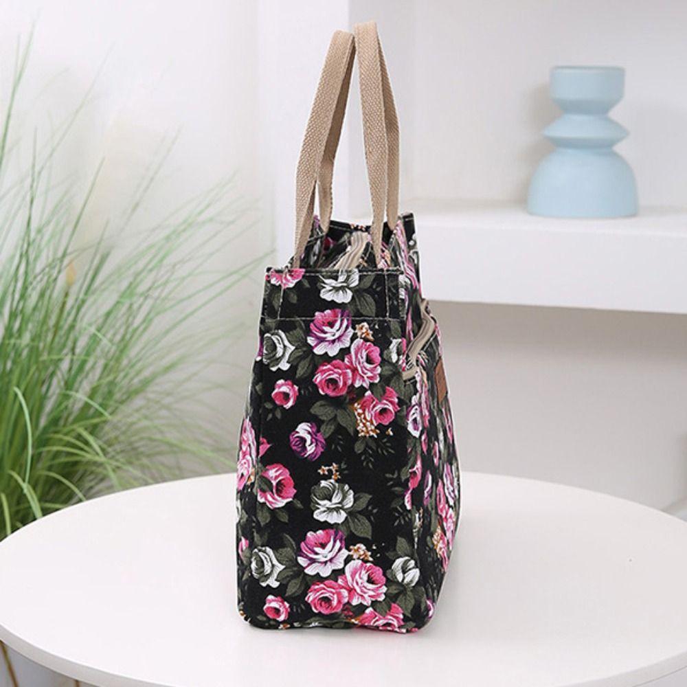 Large Capacity Casual Handbag Zipper Canvas Lunch Bag Portable Floral Print Tote Bag Picnic