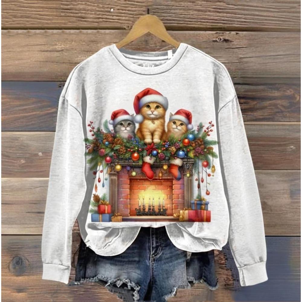 Christmas Day Cute Cat Printed Clothing 3d Animals Print Harajuku Hoodie Autumn/Winter Round Neck Sweater 2024 Longsleeves Tops