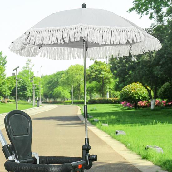 Stroller Umbrella with Tassels Clamp UPF 50+ Sun Protection Adjustable Rotary Waterproof Windproof Outdoor UV Blocking Pram Umbrella Parasol