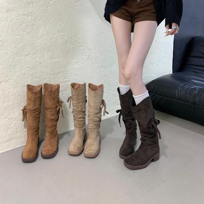 Осень 2025 ретро пустошь бахрома рыцарские сапоги толстый каблук но ботфорты до колена тонкий ворс полусапоги женские