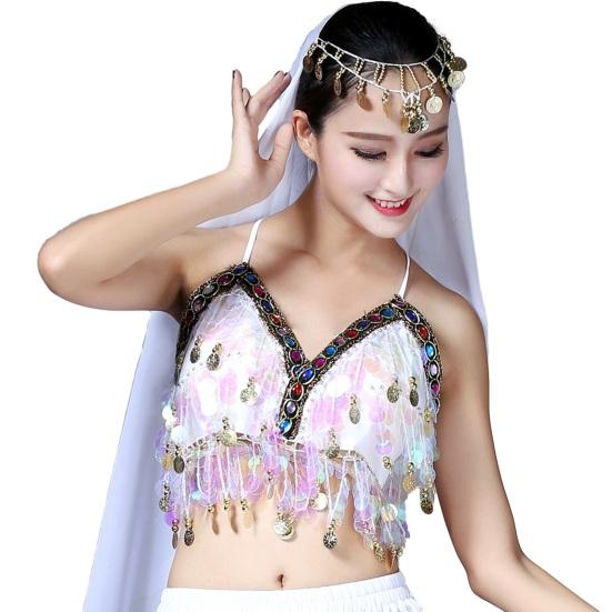 Women Bra Top Sequin Tassel Halter Neck Waist-exposure Backless Sleeveless Belly Dance Boho Festival Top Clubbing Tribal Bra Performance Exotic Top