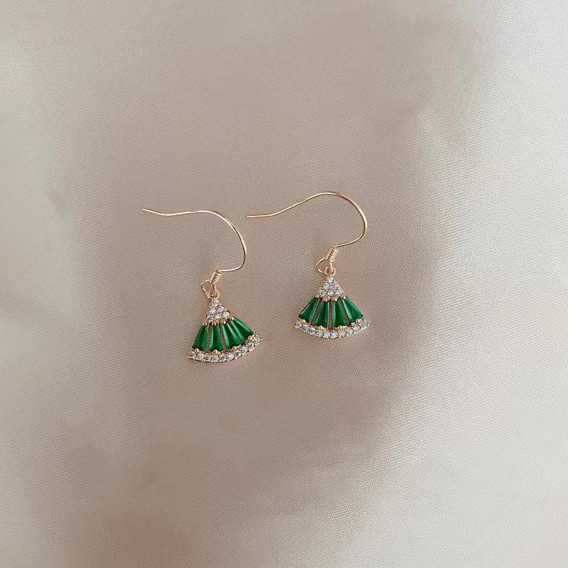 Fan Earrings Inlaid with Grandmother's Green Rhinestones Retro Fan New Elegant and Elegant Style Female